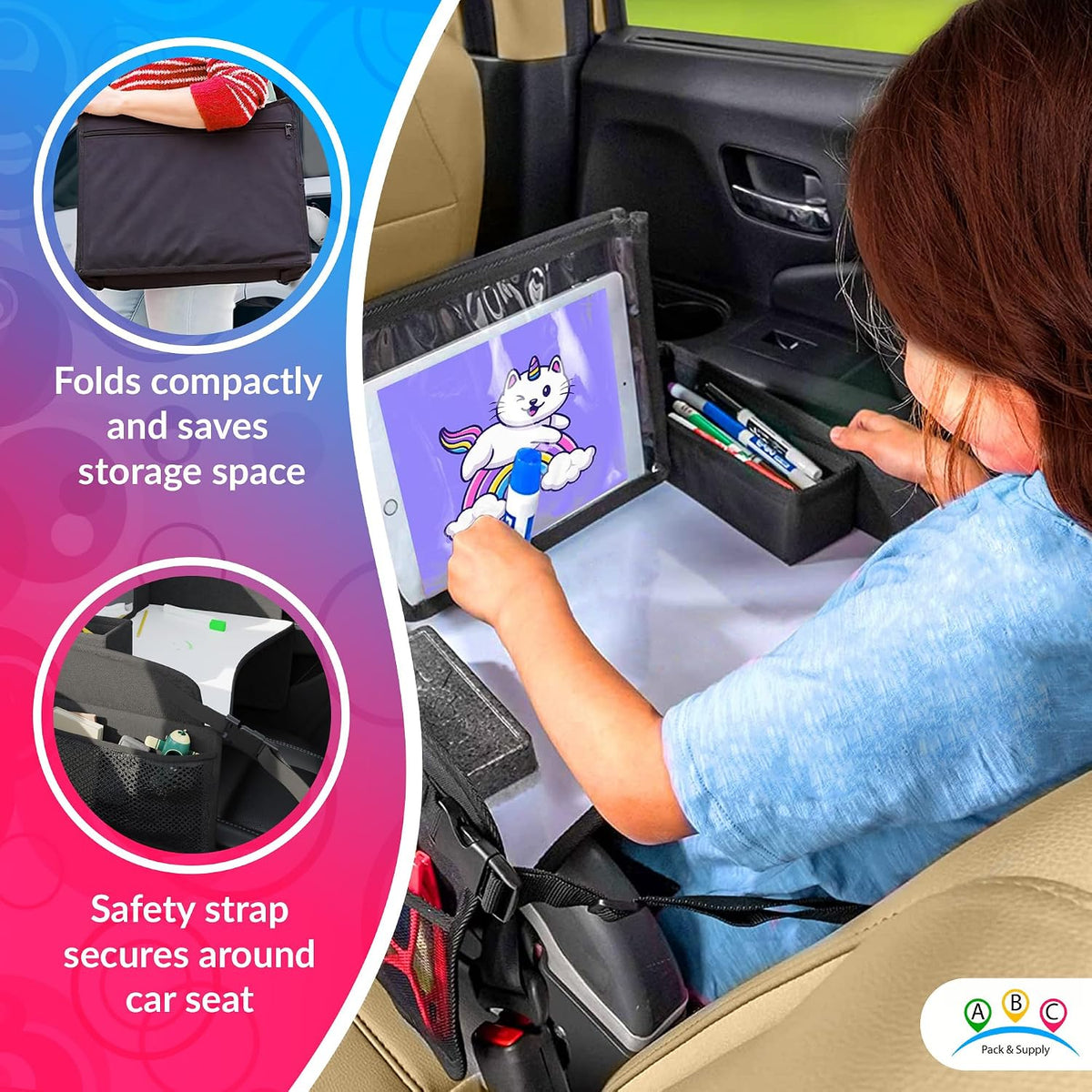 Kids Travel Tray for Kids Car Seat. Toddler Car Seat Tray Table with 6 Compartments and Tablet Stand. Foldable Toddler Table for Travel. Folding Portable Desk. Compact Road Trip Essentials