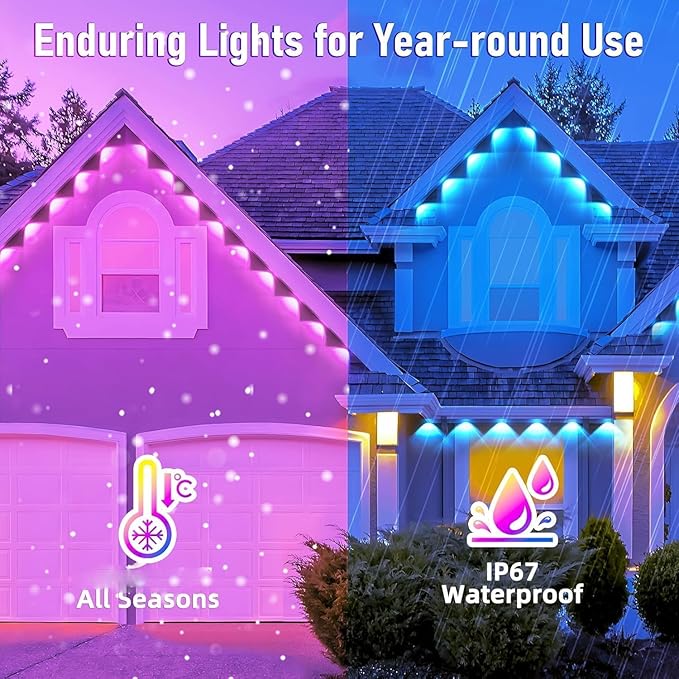 300FT Permanent Outdoor RGB Lights,IP67 Waterproof Smart LED Eaves Lights with App/Remote Control,for Christmas and All Holiday Decor,Daily and Accent Lighting,House Roof and Garden Lighting