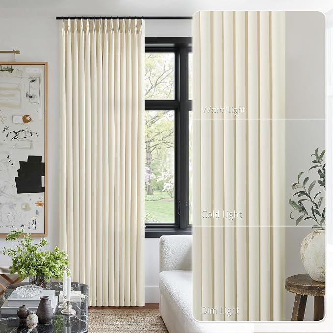 Cream Beige Pinch Pleated Linen Curtains 120 Inch 4 Panels Set