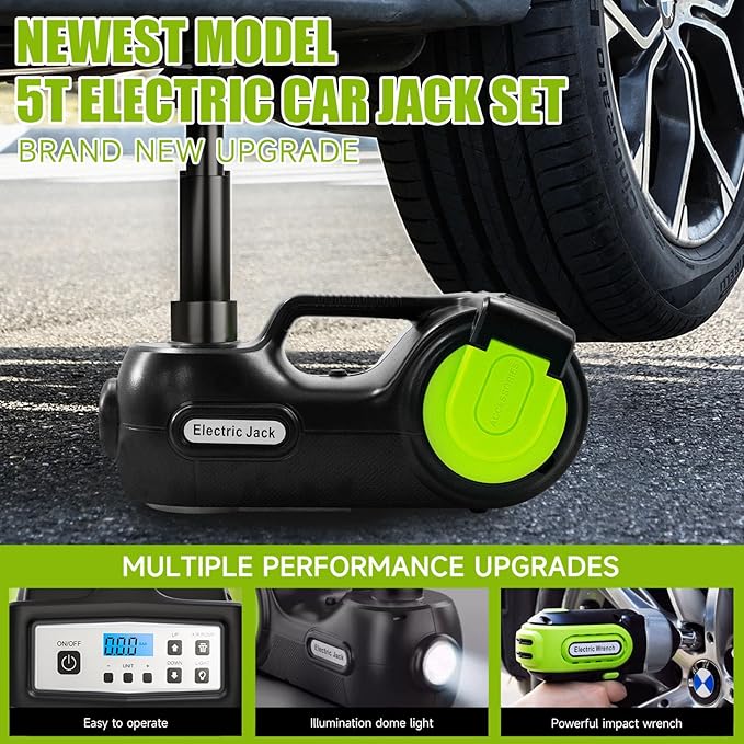 E-HEELP Electric Car Jack Kit 5 ton 12V Hydraulic Car Jack Lift (Lifting Range: 5.3-14.17inches) with Impact Wrench Inflator Pump for Car SUV Sedan MPV, LCD Display and Tire Pressure Monitor