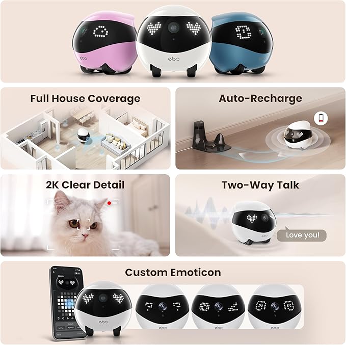 Enabot EBO Air 2 FamilyBot Indoor Security Camera Robot: 2K Pet Camera, Movable Home Robot, Custom Facial Expression, Auto-Recharge, Battery-Operated, 2-Way Talk, Night Vision(Dove White)