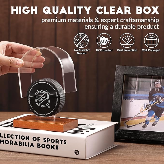 JupDec Hockey Puck and Collectibles Display Case, Premium Acrylic Clear Box Puck Holder with Mahogany Wood Base, Showcase for Autographed Souvenir Memorabilia, Collectible Figure Stand