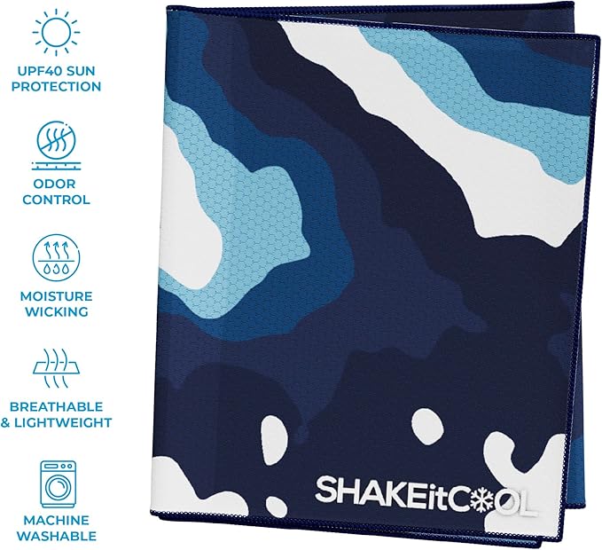 SHAKEitCOOL Extended Size Cooling Towel – Be Cool in Style - Heat Relief, Soft, Lightweight, Sun Protection, Easy Clean - Perfect for Biking, Hiking, Running, Yoga, Golf, Gardening - Blue Ocean M