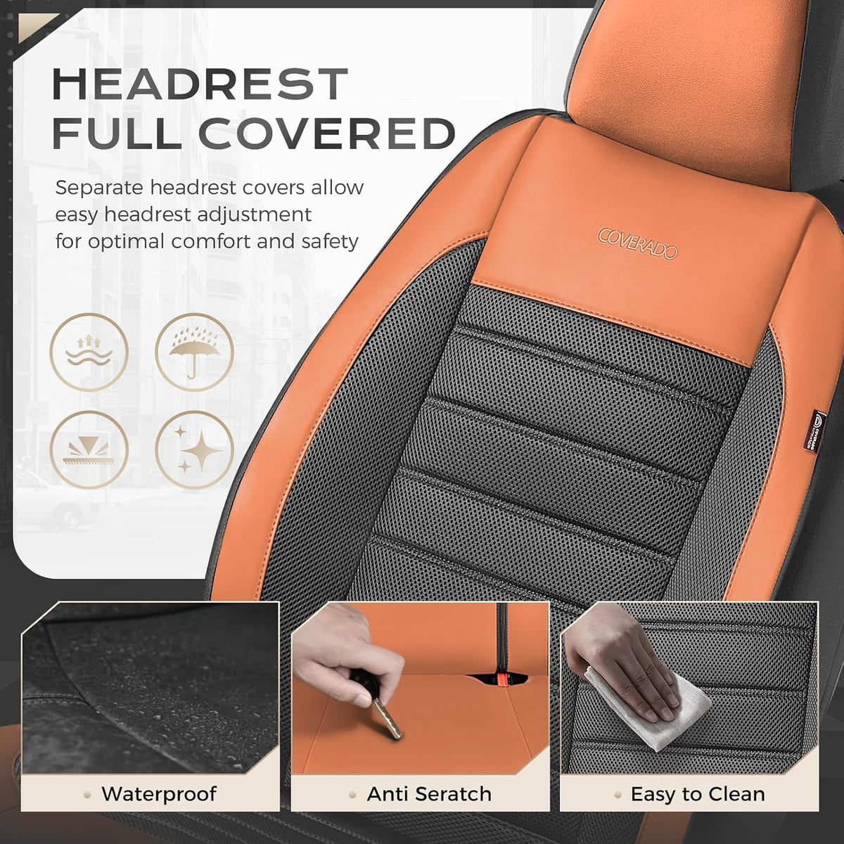 Coverado Car Seat Covers Front Seat, Luxury Leather Car Seat Protector, Automotive Front Mesh Seat Covers, Orange&Black Seat Cushion for SUV Sedan Truck