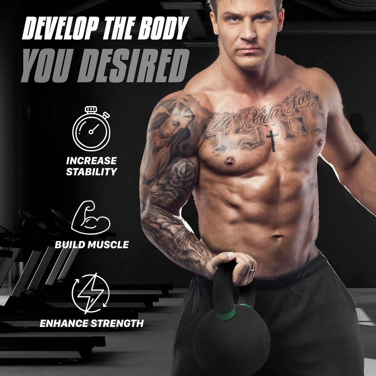 Yes4All Powder Coated Cast Iron Kettlebell Set - Strength Training Weights for Full Body Workout | Home Gym Essentials