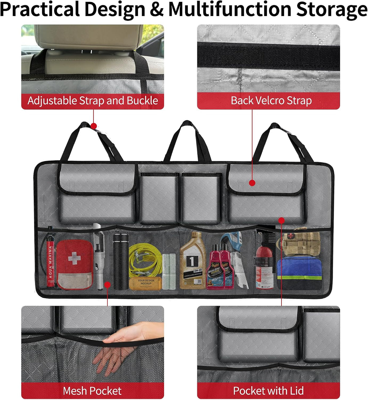 Car Trunk Organizer and Storage, Large Capacity Backseat Hanging Storage Accessories, Backseat Car Organizer for SUV/MPV/Truck (Grey)