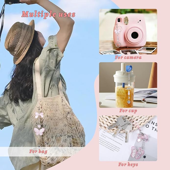 Pink Beaded Phone Wrist Straps, Y2K Phone Case Charms Camera Charm Strap