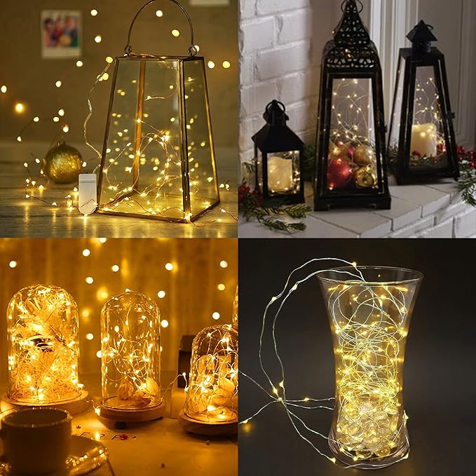 WATERGLIDE 24 Pack Fairy Lights Battery Operated (Included), 7 ft 20 LED Mini String Lights, Waterproof Silver Wire Firefly Starry Lights for DIY Wedding Christmas Party Mason Jars Decor, Warm White