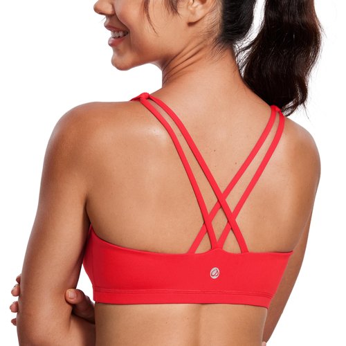 CRZ YOGA Women's Light Support Strappy Sports Bra - Low Cut Wirefree Padded Yoga Cami Criss Cross Back Deep Red Small