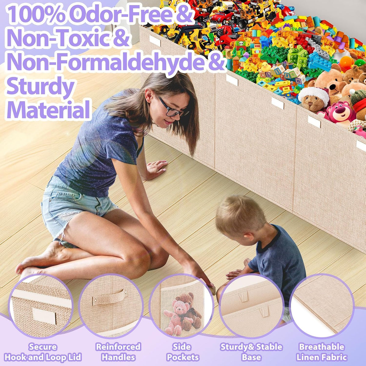 Extra Large Toy Storage Box with Lid Divider, Sturdy Collapsible Toys Organizer Chest Kids Storage Bins Boxes Baskets for Boys, Girls, Nursery, Bedroom, Living Room, Playroom, 40"x14"x16", Beige
