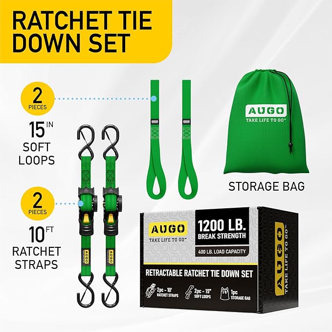 AUGO Retractable Ratchet Straps | 2 Heavy Duty Ratchet Straps Self Retractable Tie Downs with Soft Loops & Storage Bag for Motorcycle, Truck, Trailer, Cargo Van | 1200 Lb Break Strength 1” x 10’