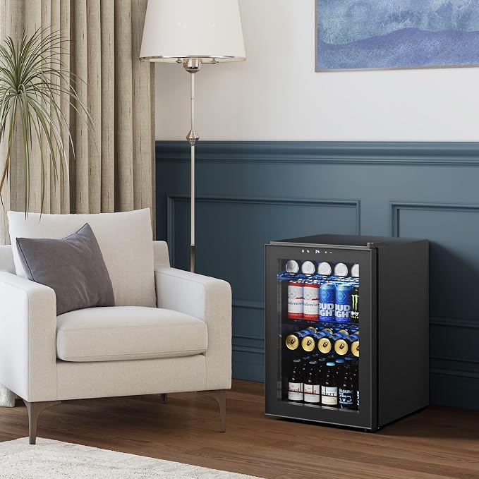 Yeego Beverage Refrigerator Drink Cooler, 85 Cans Mini Fridge Glass Door | Soda Wine Beer Cooler, 34°F To 54°F Temperature Control, for Home Office Bar, Adjustable Shelves,Freestanding, Black