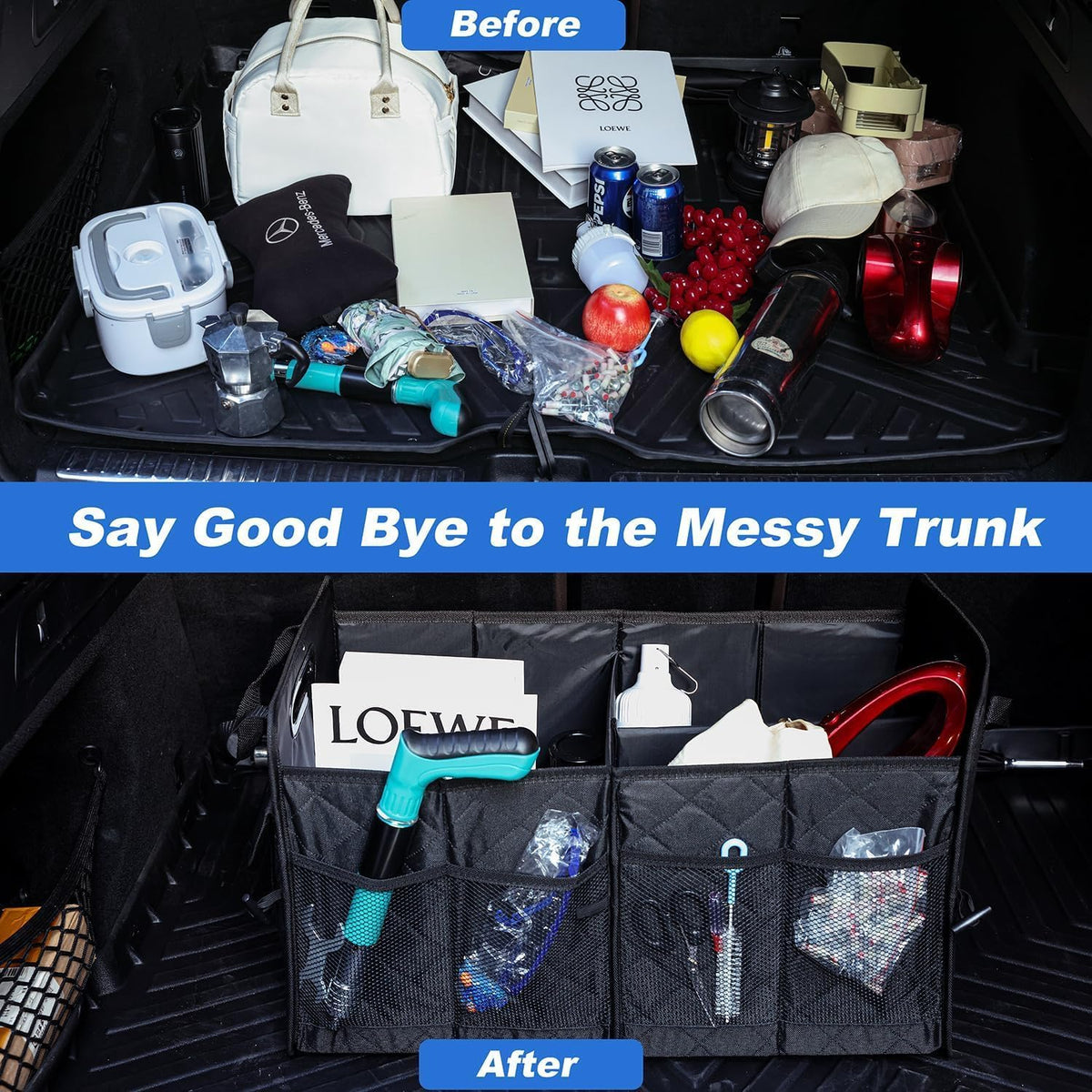 AOPHY Car Trunk Organizer, 75L Large Capacity Waterproof Auto Storage with Non-Slip Bottom Strips, Collapsible Cargo Organizer for Suv, Truck, Sedan, Portable Car Accessories for Women Men(Black)