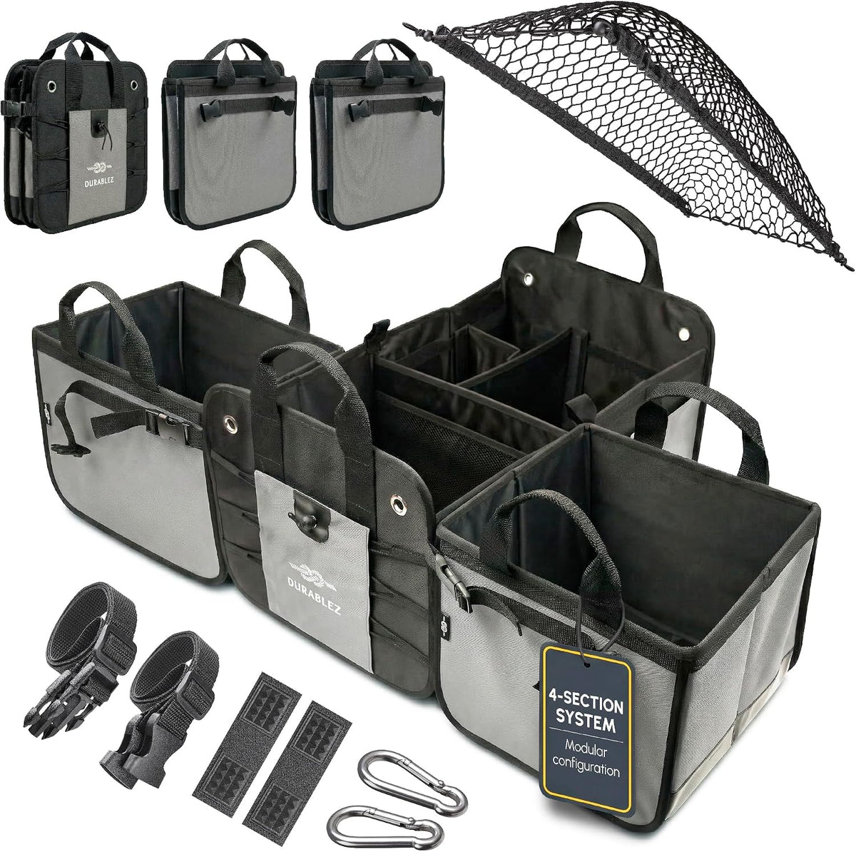 Modular 4-Section XL Trunk Organizer – Car Storage for Groceries, Tools, Sports Gear, Emergency Kits – Extra Large Multi-Compartment Cargo Box, Collapsible &amp; Heavy Duty – Gray