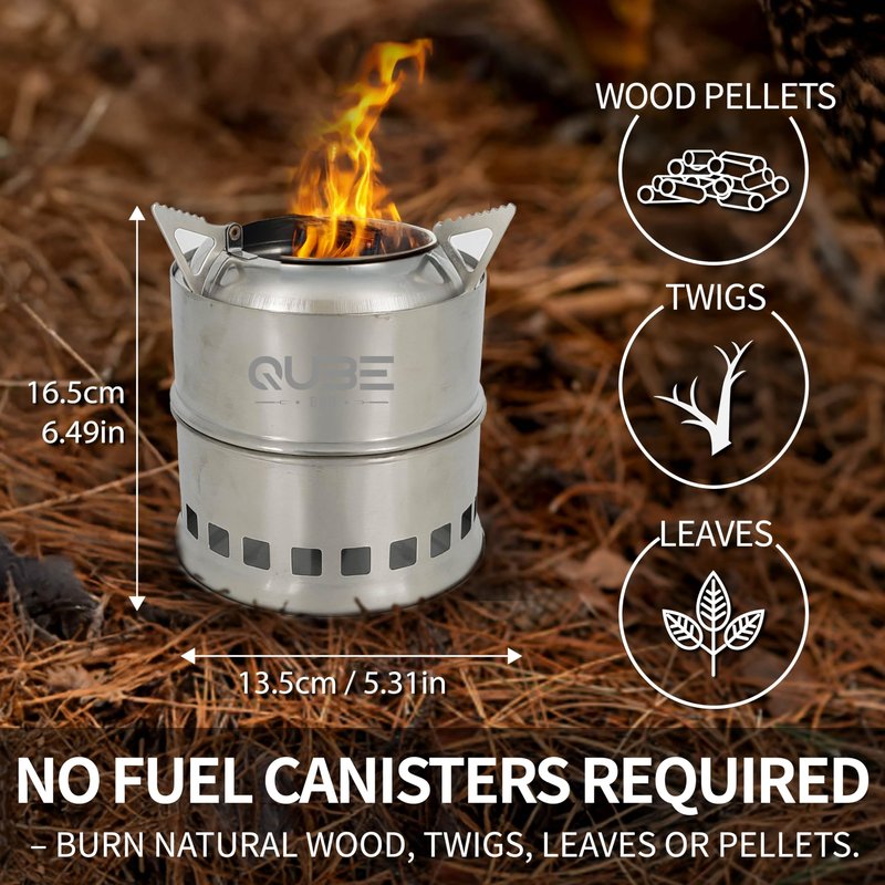 QUBE BBQ Portable Camping Stove with 3 Fire Starters – Stainless Steel Wood Burning Mini Camp Stove, Foldable with Carry Bag, for Backpacking, Hiking, Traveling, Emergency, Outdoor BBQ, and Picnic