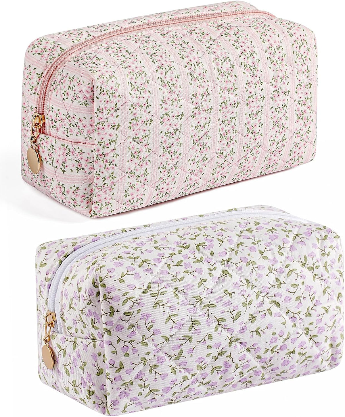Makeup Bag Travel Cosmetic Bag for Women Girls, Zipper Make Up Pouch, Floral Flowers Toiletry Organizer Makeup, Portable Storage Cosmetic Travel Cloth Bag (Pink+Purple Floral)