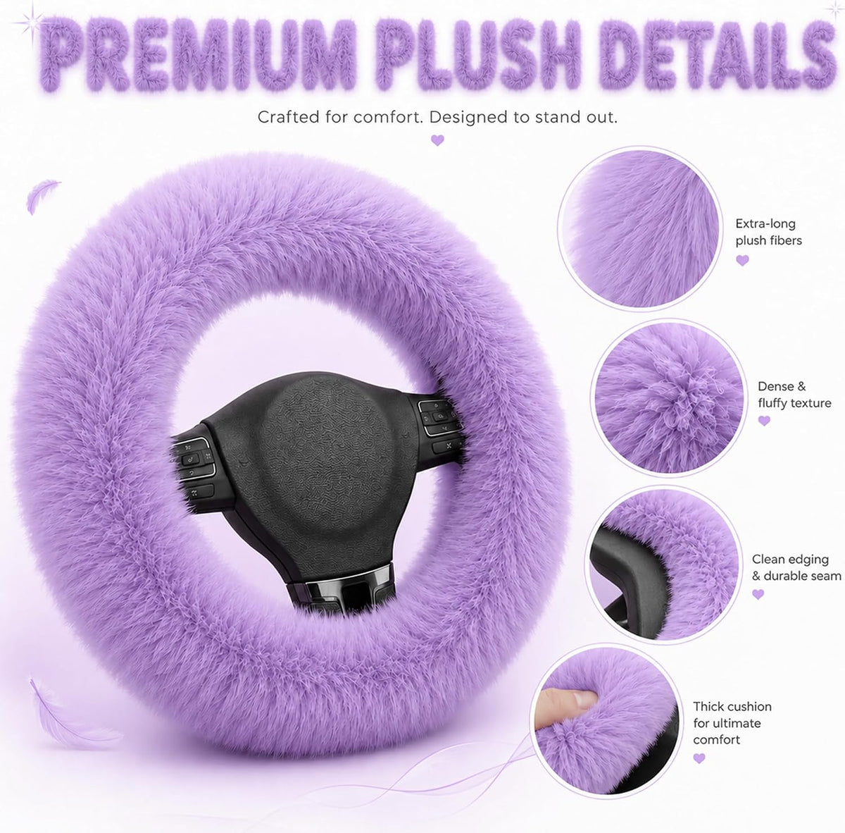Road Comforts Steering Wheel Cover, Fluffy Car Wheel Covers for Women/Girls/Ladies，Soft Wool Fur Steering Wheel Protector, Universal 14 1/2 inches to 15 inches - Purple