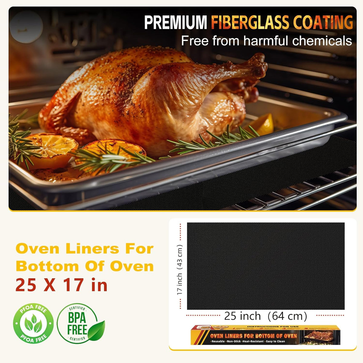 Skiennix Oven Liners - 2 Pack Heavy Duty Non-Stick Mats | Reusable & Heat Resistant, 17"x25" (Black)