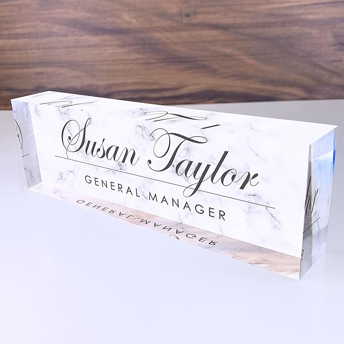Artblox Personalized Name Plate for Desk | White Marble Design On Clear Acrylic Glass | Custom Plaque Desk Name Plate Personalized Your Name and Credentials Office Office Sign Engraved Plaque