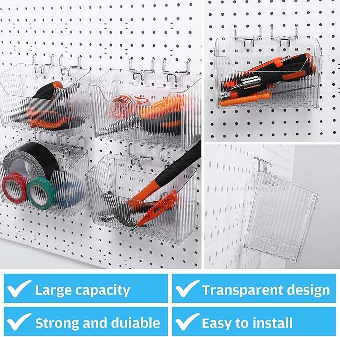 Suzile 4 Pcs Pegboard Bins Plastic Bins Set 7.9 x 3.3 x 4.7'' Pegboard Containers with Metal Hooks Organizing Assortment Accessories for Organizing Storage Tools Storage Workbench Garage (Clear)