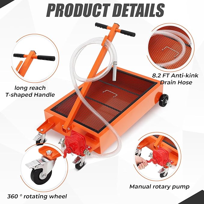 20 Gallon Oil Drain Pan with Manual Pump, Low Profile Oil Drain Pan for Oil Change, Oil Change Pan with 8.2 Ft Hose and Folding Handle, Rolling Oil Drain Cart for Car, SUV, Trucks