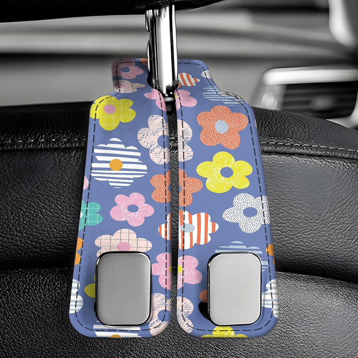Car Seat Back Storage Headrest Hook, Premium Leather Double Metal Hook, Hanger Storage Organizer for Purse Cloth Bag, Car Interior Accessories Colorful Cute Daisy