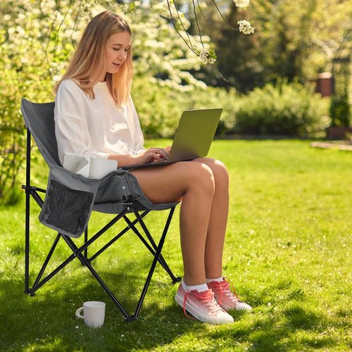 Leonyo Outdoor Folding Camping Chairs - Heavy Duty Portable Design with Cup Holder & Storage Pocket | 2 Pack, Grey