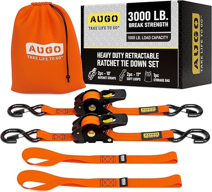 AUGO Retractable Ratchet Straps | 2 Heavy Duty Ratchet Straps Self Retractable Tie Downs with Soft Loops & Storage Bag for Motorcycle, Truck, Trailer, Cargo Van | 3000 Lb Break Strength 2” x 10’