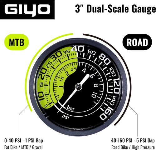 GIYO Bike Floor Pump - Dual Scale Gauge for Road & MTB | One-Handed Operation - Max 160 PSI Steel Barrel