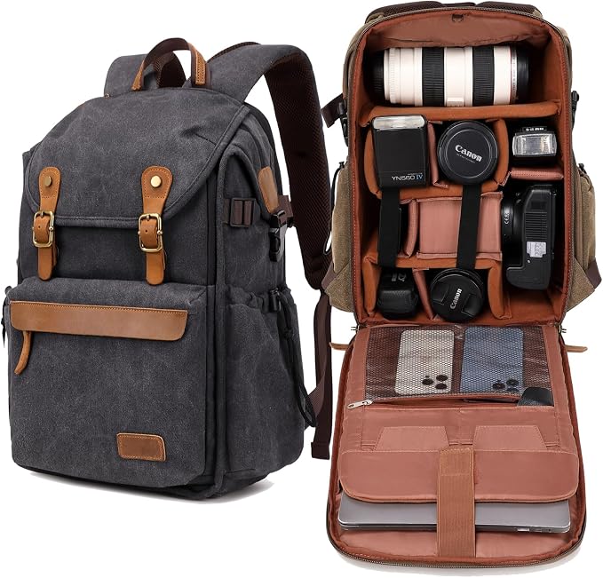 Vintage Canvas Camera Backpack for DSLR/Mirrorless & Drone, Waterproof