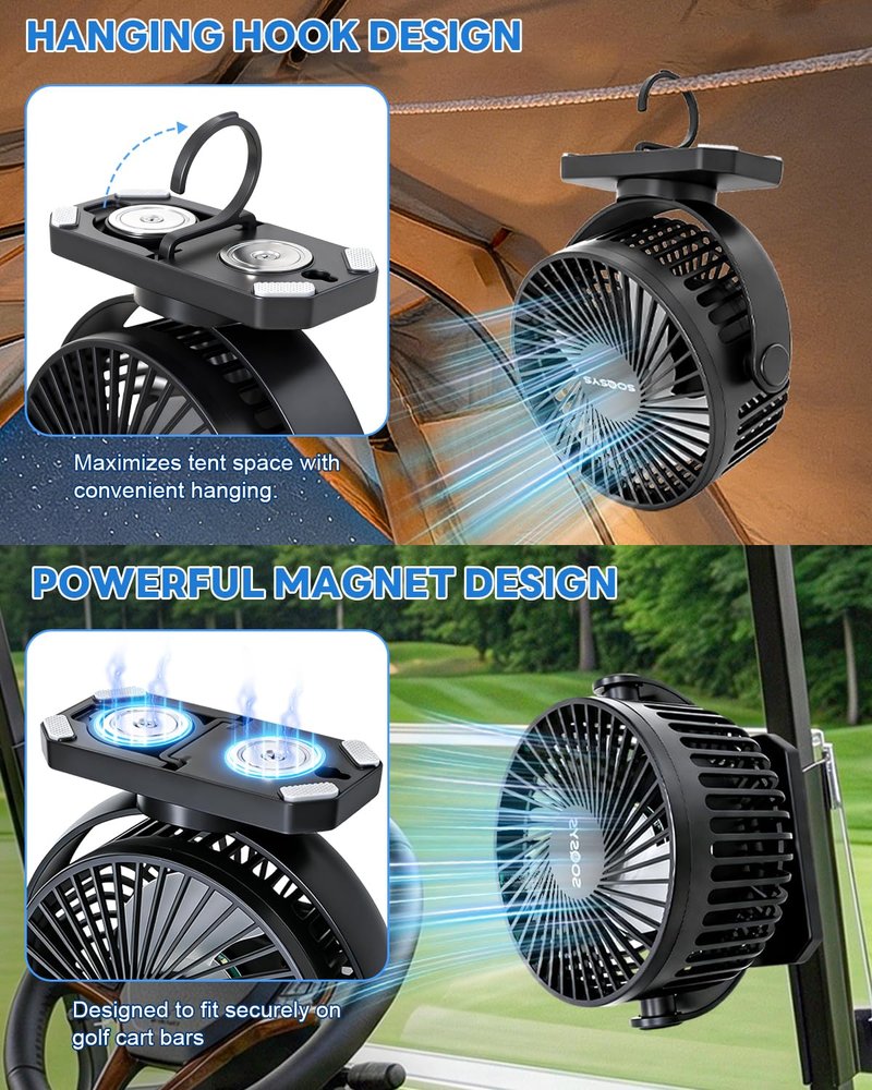SOQSYS 12000mAh Golf Cart Fan Rechargeable Magnetic Base, Battery Operated Fan Portable with 3 Speeds, LED, Timers, Strap, Hook - Golf Cart Accessories Suitable for Club Car Camping Office Cruise Ship