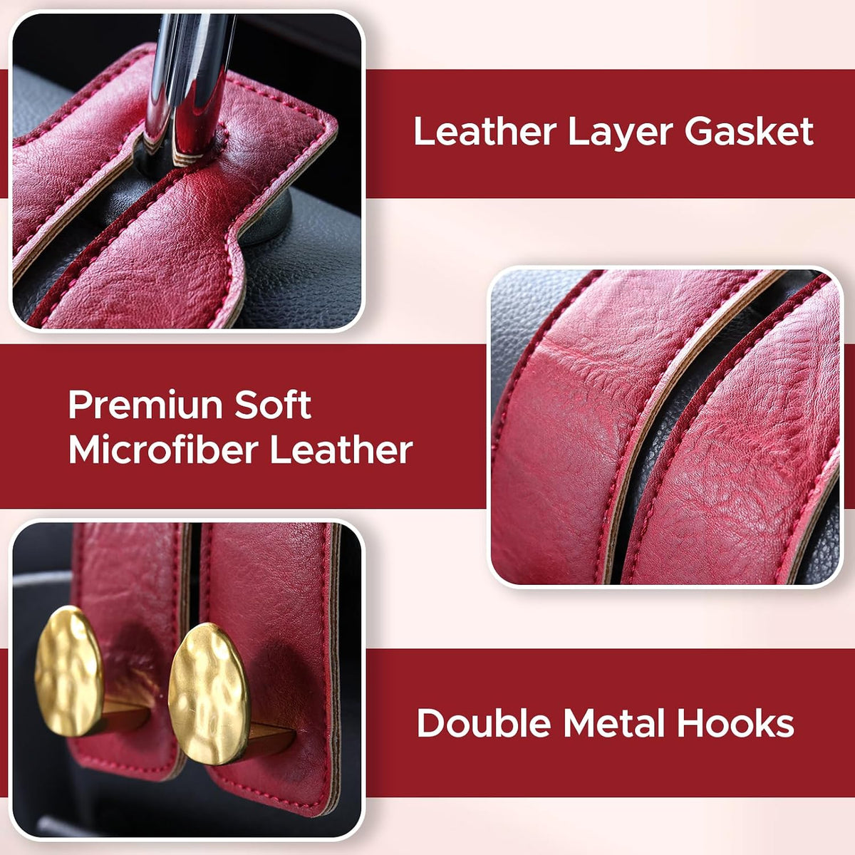 Leather Car Purse Hook for Headrest, 2 Pack (Red-Gold)
