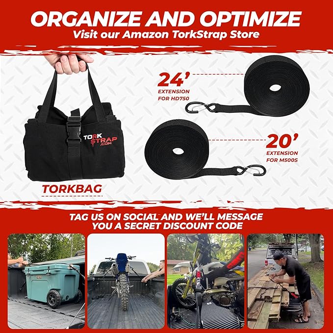 TorkStrap 14' x 1'' Self Tensioning Tie Down Straps [Patented] - Automatically Adapt to Load Shifts - 1,500LB Break Strength - Pull Alternative to Ratchet Straps - Integrated Soft Loops & Hooks (2-PK)