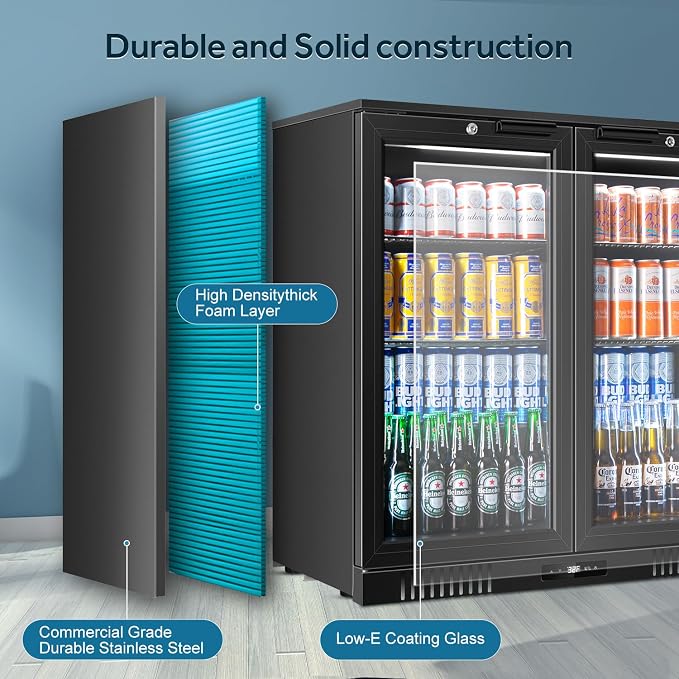 Back Bar Cooler 2 Door 216 Can Black | built-in/free, fast cool, temp memory, 2 locks, LED, low-e glass