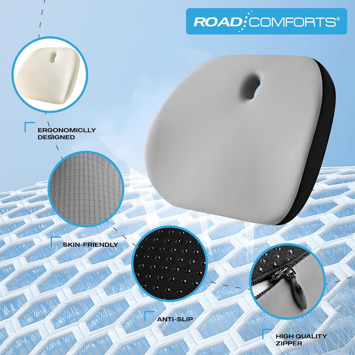 Road Comforts Premium Memory Foam Seat Cushion – Office Chair Cushion, Car Seat Cushion – Chair Cushions for Back & Sciatica Pain Relief – Seat Cushions for Office & Desk (Gray)