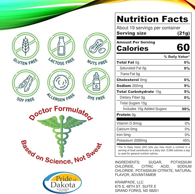 Electrolytes Powder Potassium Supplement - 2000 mg K+, >2X More Than Coconut Water | Cramp Relief and Prevention | Hydration Powder