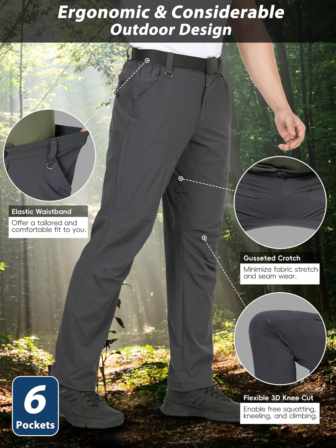 Skiennix Men's Lightweight Tactical Hiking Pants - Waterproof, Quick-Dry, 6 Pockets for Outdoor Adventures