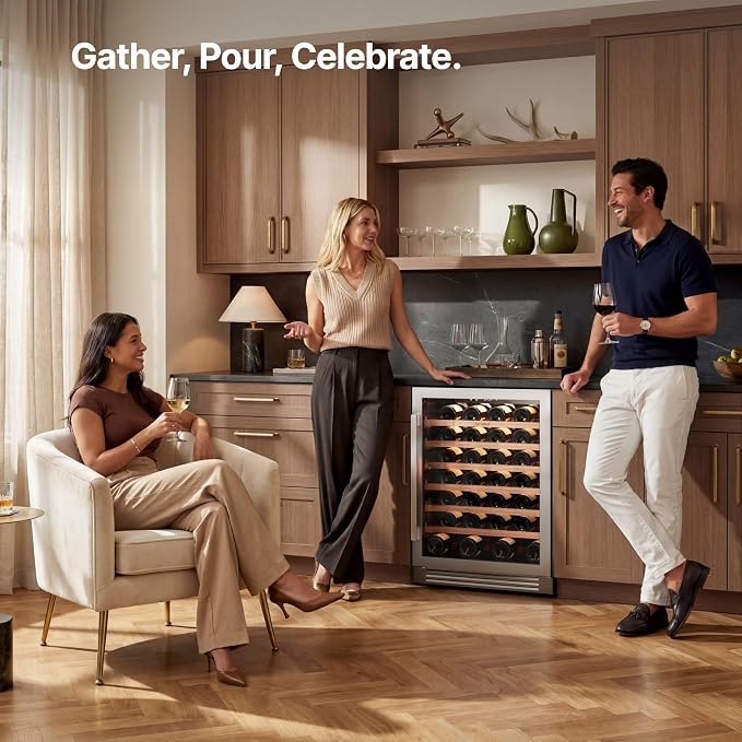 Ca'Lefort 24 Inch Wine Fridge, 61 Bottle Under Counter Wine Cooler | 40-65°F Touch Control, Dual-Pane Glass Door, Adjustable Shelves, 3 Color LED, Built-In or Under Counter for Home Bar Kitchen