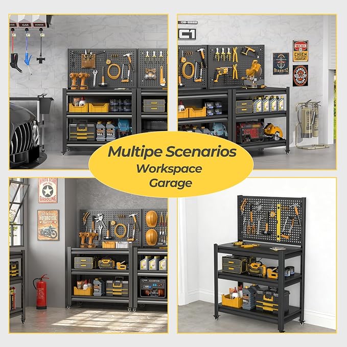 2 Sets Work Bench with Pegboard,Heavy Duty Workbench with Wheels Adjustable Shelves,Tool Cart,Work Table 47.2" H*33.46" W*18" D