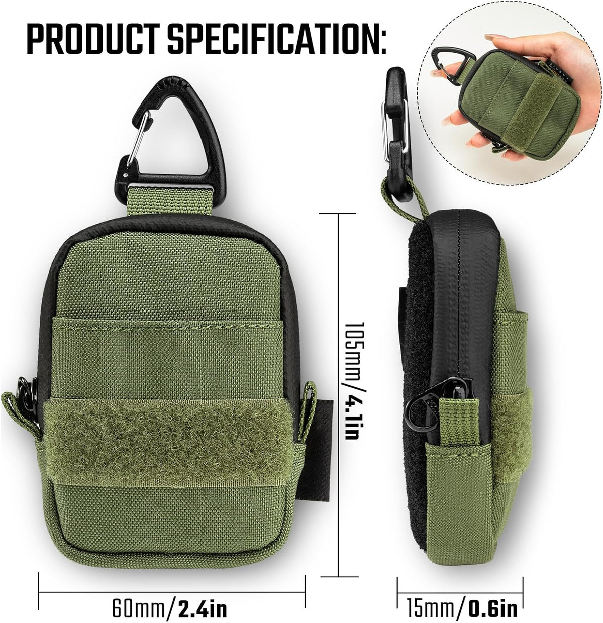 Tactical Geek Storage A6 Mini Size EDC Utility Pouch, Mini Coin Purse with Custom Carabiner, EDC Mini Size Pocket Organizer, Wireless Headset Pack, Key Waist Case for Daily Carry-Green