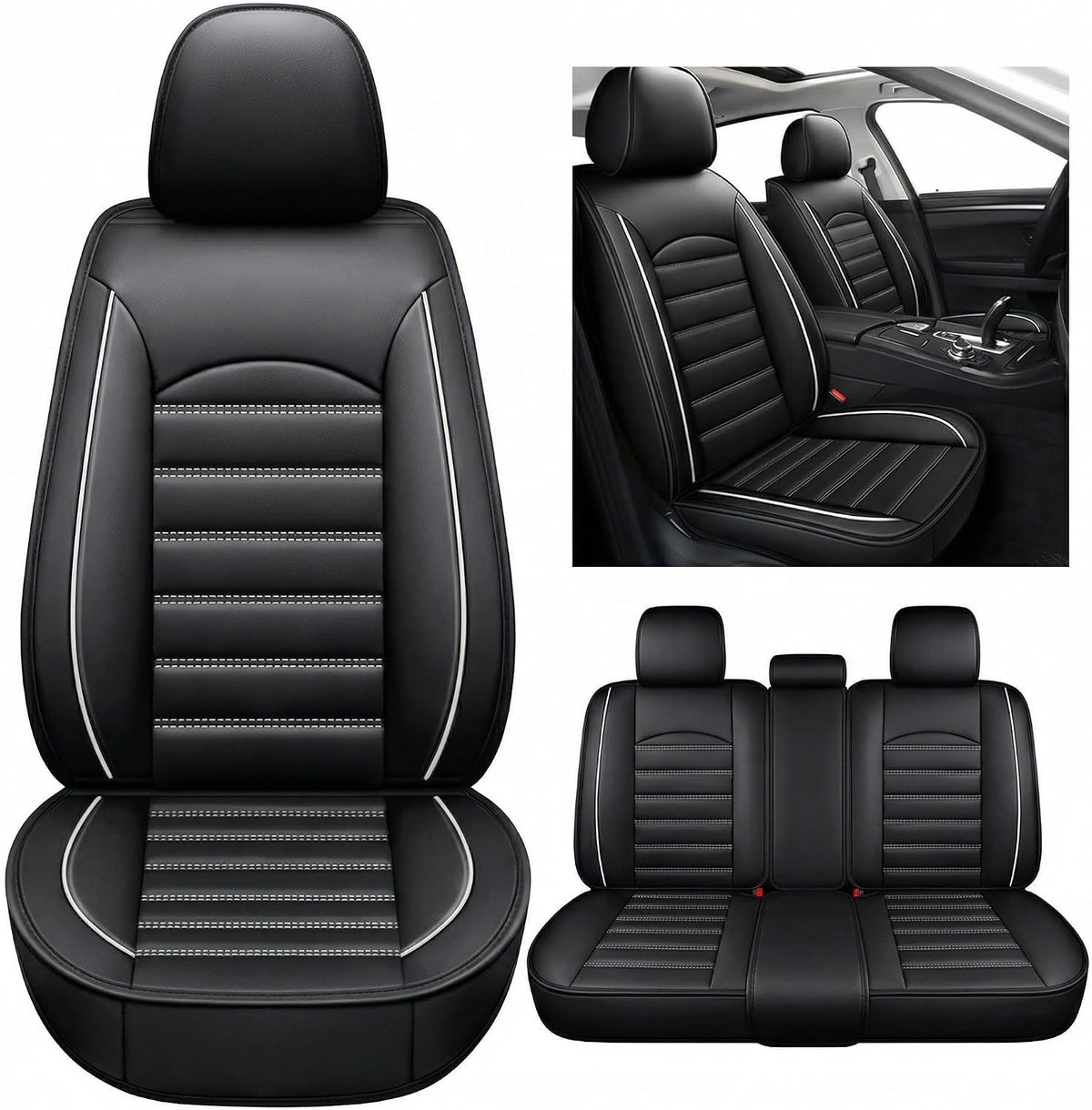 YQ Faux Leather Seat Covers Black White Universal 2 Row Anti-Slip Full Set
