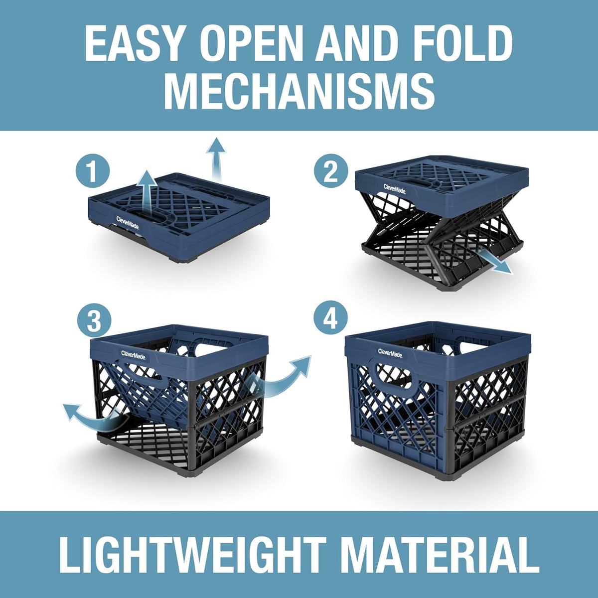 CleverMade Heavy Duty Collapsible Milk Crate, 25L, 3 Pack, 50 lb, Ocean | Stackable plastic storage crate with file rails for hanging folders and organizes garages, classrooms, offices and car trunks