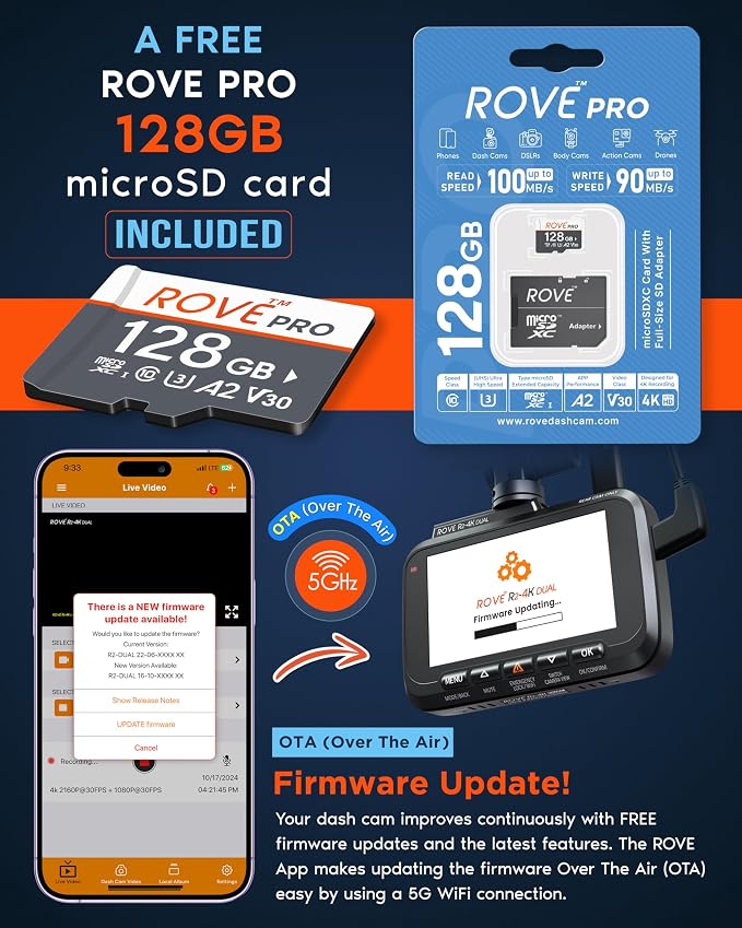 ROVE R2-4K DUAL Dash Cam Front and Rear, STARVIS 2 Sensor, FREE 128GB Card