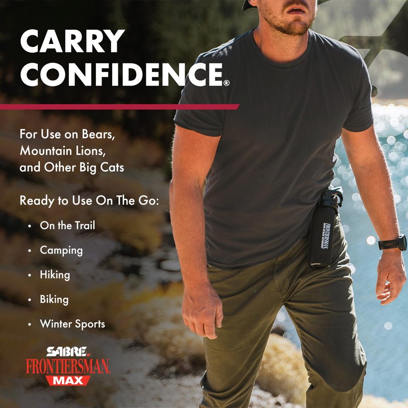 Sabre Frontiersman MAX Bear Spray – 40 ft Range, Maximum Strength, The Only EPA-Registered Spray for Bears & Mountain Lions, 7.9 oz, Glow Safety Clip, Outdoor Hiking & Camping Protection