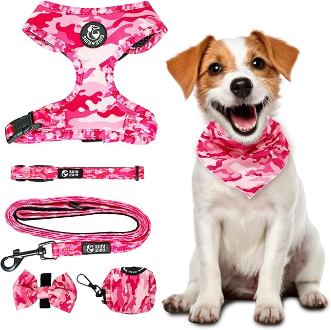 No Pull Harness and Leash Set - 6-in-1 Adjustable Vest Harness and Collars for Medium and Large Dogs. (Military Pink, Large)