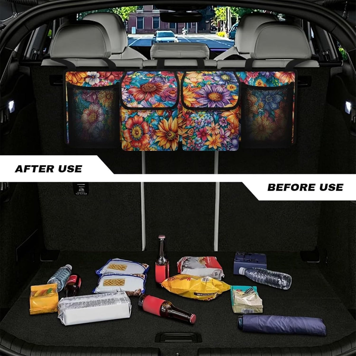 Boho Floral Flowers Backseat Trunk Organizer for Car Dahlia Hanging Cargo Bag Sturdy Trunk Storage Bag with 4 Storage Bags and 3 Adjustable Buckles
