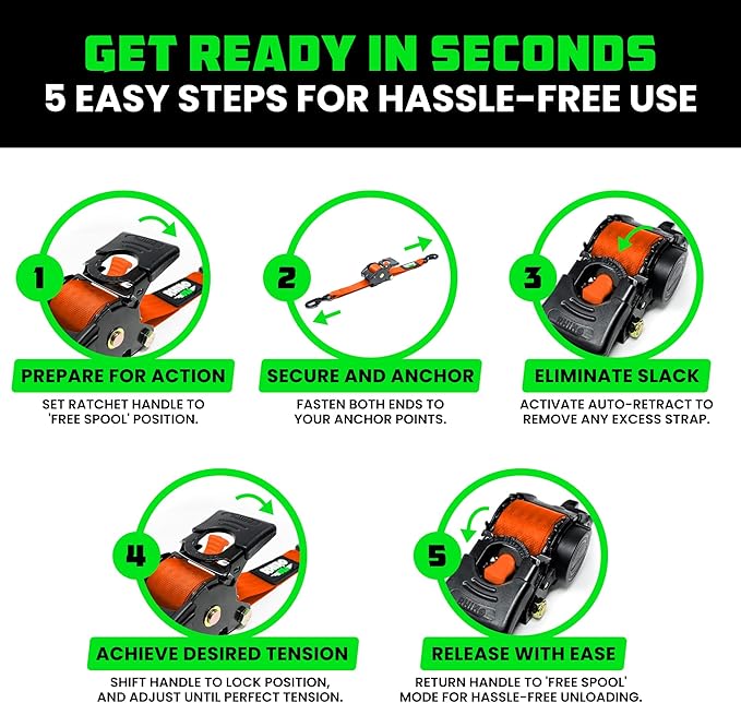 Rhino USA Retractable Ratchet Straps (4-Pack) - 2 Inch x 10 Feet (3,033lb Break Strength) - Heavy Duty Auto Self Retracting Tie Down Straps for Truck, Cargo Trailer, Motorcycle, Rad & More - Orange