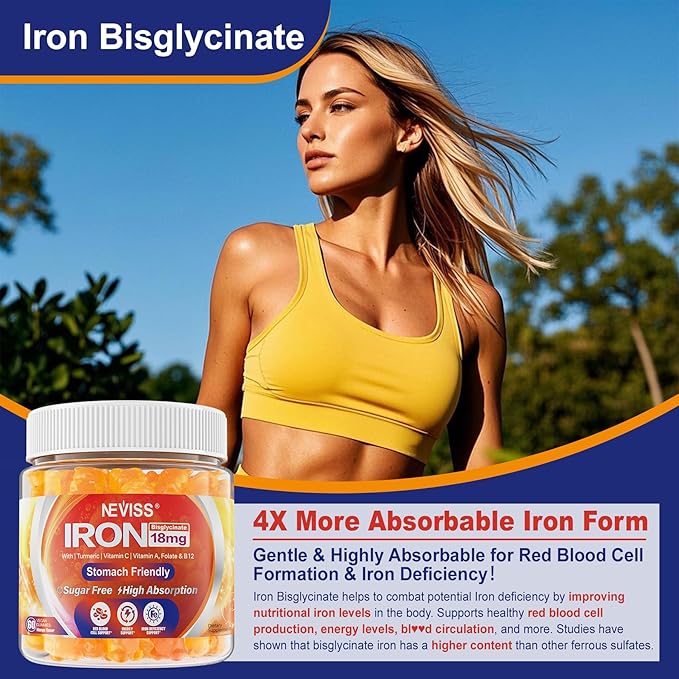 Vegan Iron Gummies Supplement with Vitamin C, B12, Folate & Turmeric - Energy & Immune Health | Gummy Iron Bisglycinate 18mg Gentle & Non-Constipating - Women & Men, 2 Pack