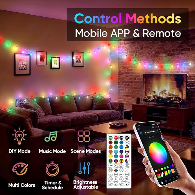 OMIKA 50FT 100 LED Smart Color Changing Globe String Lights, Smart Fairy Lights APP & Remote Control, Music Sync Twinkle Light, 100+ Dynamic Mode for Bedroom Classroom Party Christmas Decoration