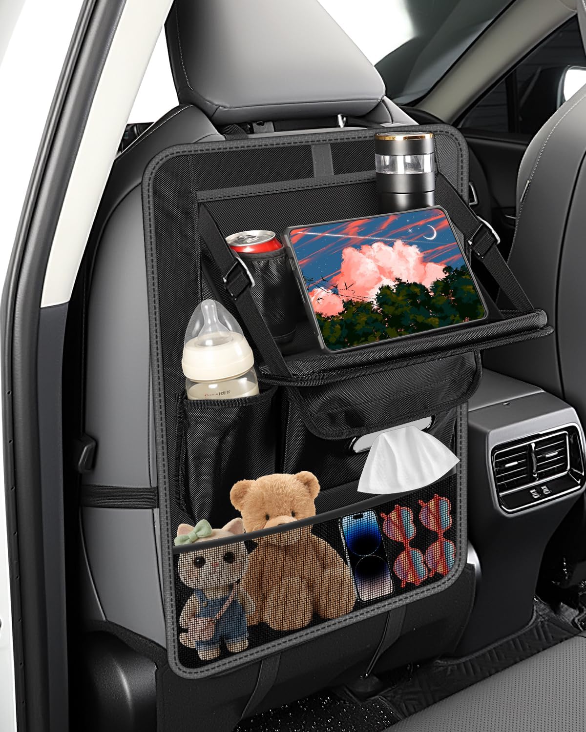 1pc Car Back Seat Organizer with Foldable Table Tray, 8 Storage Pockets & Tablet Holder, Kick Mat Back Seat Protector Cover for Kids, Road Trip Travel Accessories - Black